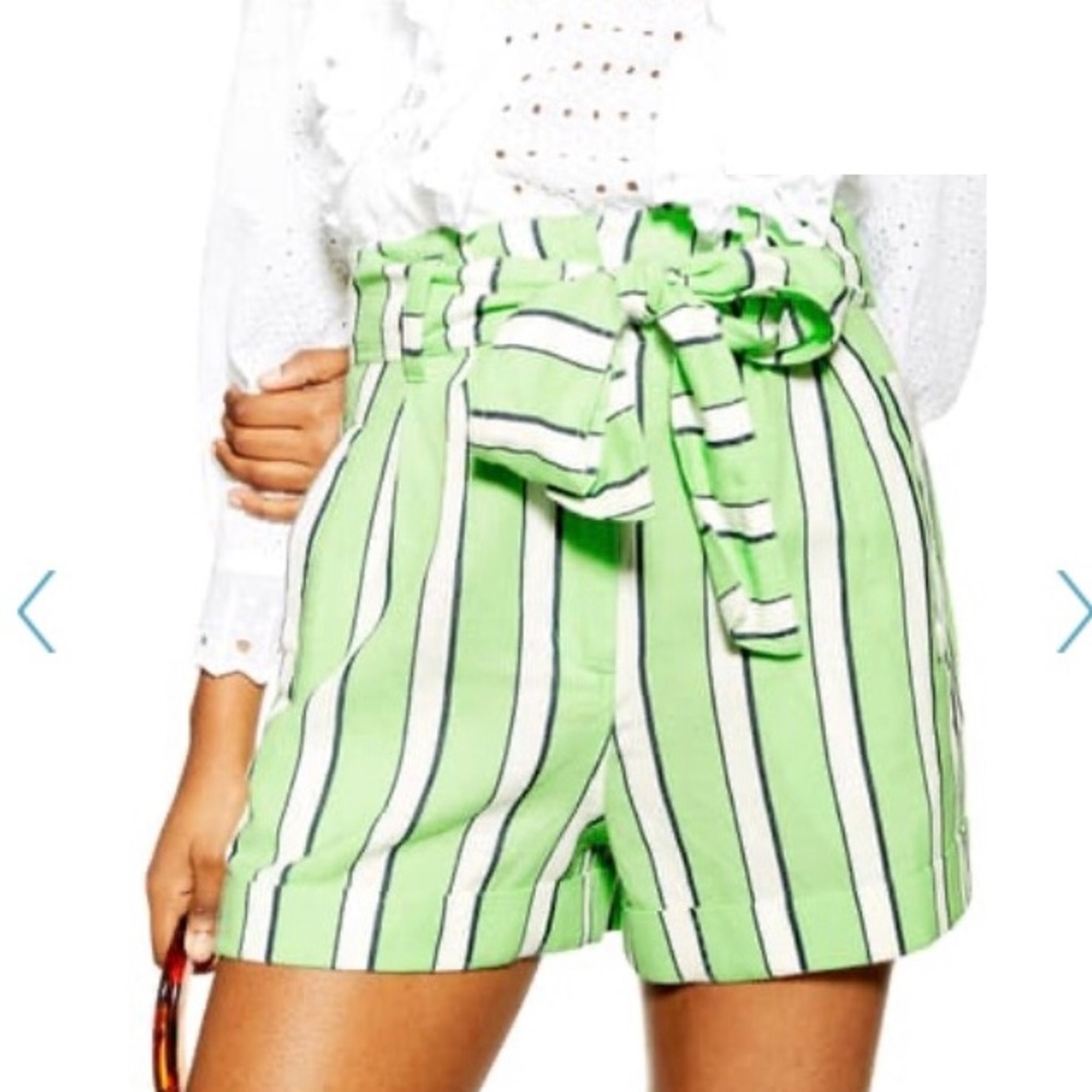 TOPSHOP Tie Waist Stripe Cotton Shorts-Green A6